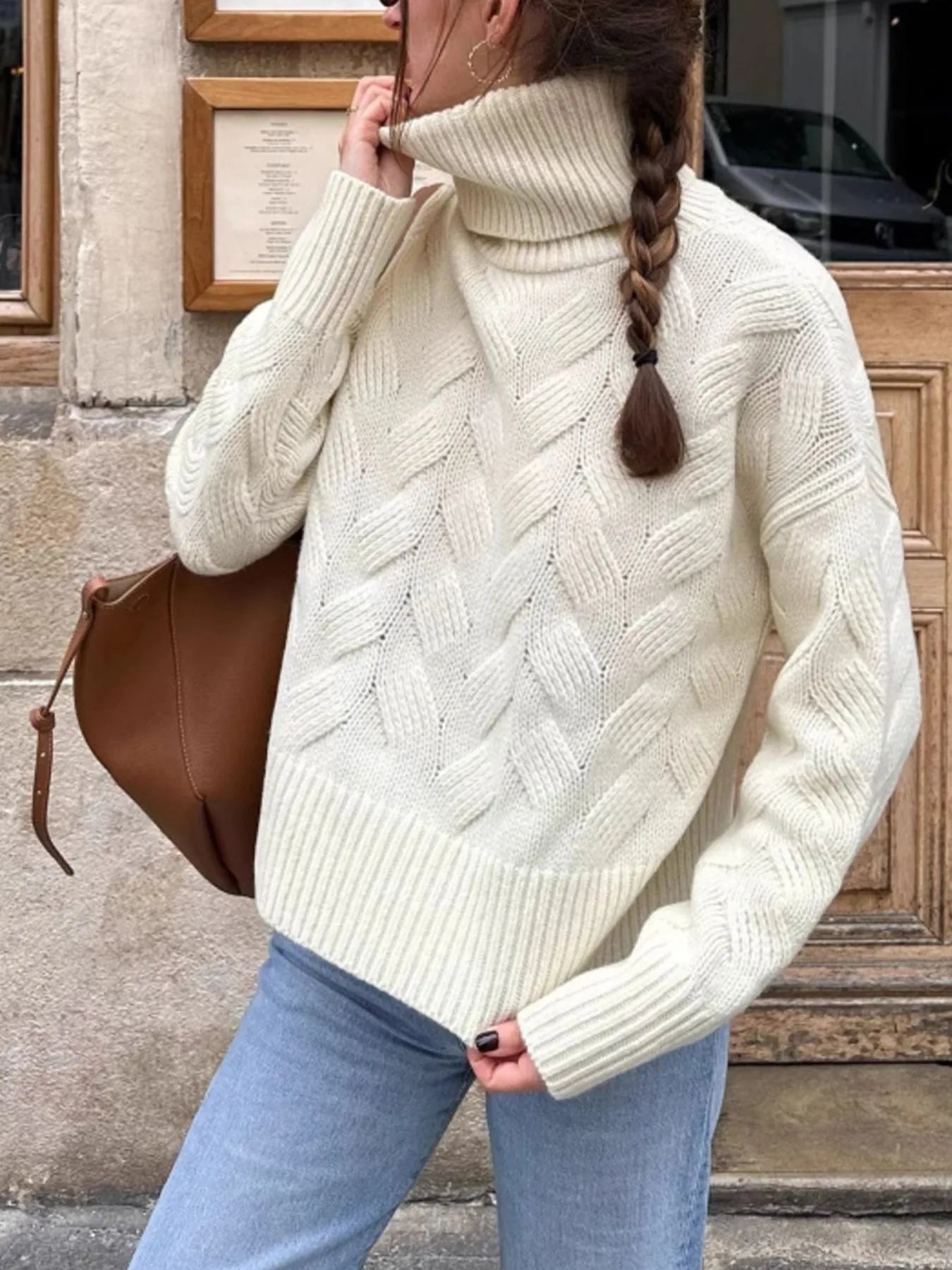 Ribbed Hem Turtleneck Long Sleeve Sweater White - Fashorio