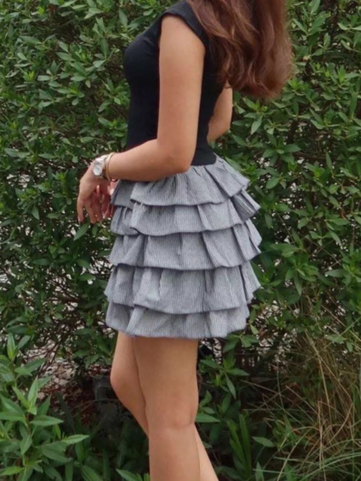Round neck black mini dress side view