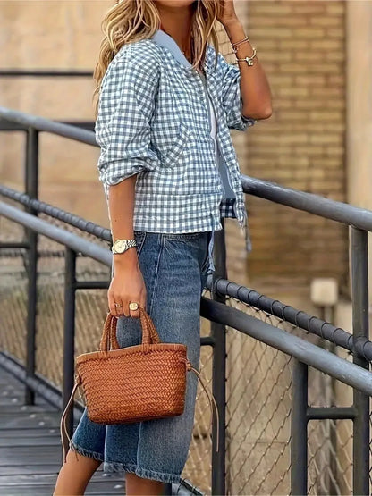 Plaid Zip-Up Long Sleeve Jacket – Lightweight Casual Layer - Fashorio