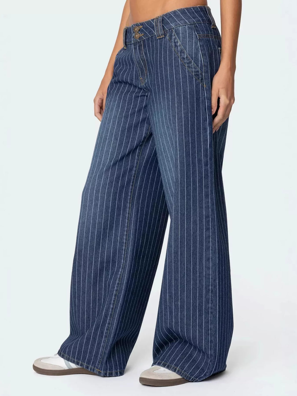 Striped wide leg jeans showing pattern detail