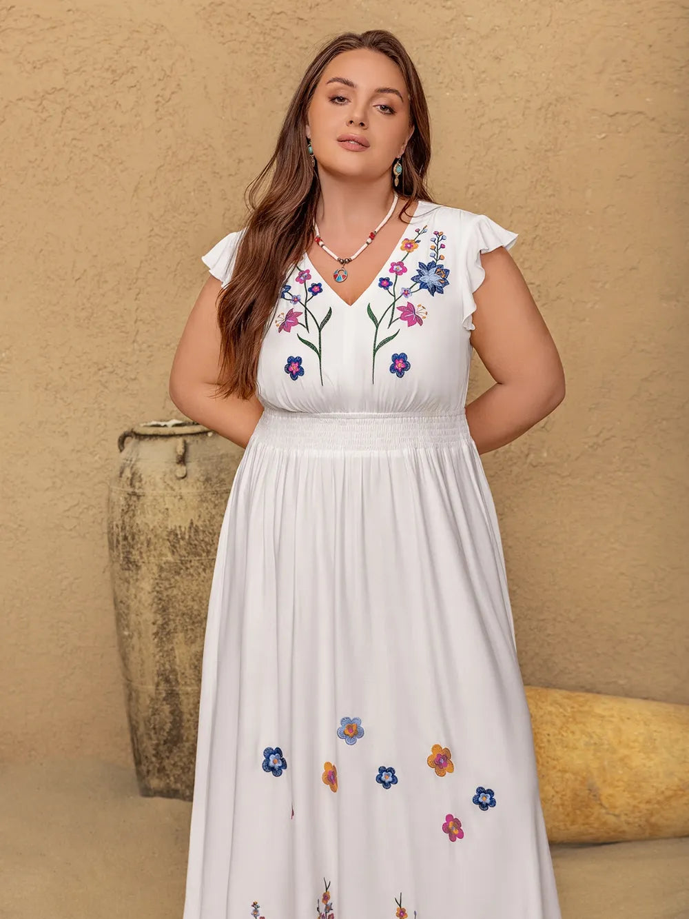 Plus size embroidered floral v neck maxi dress in white styled look