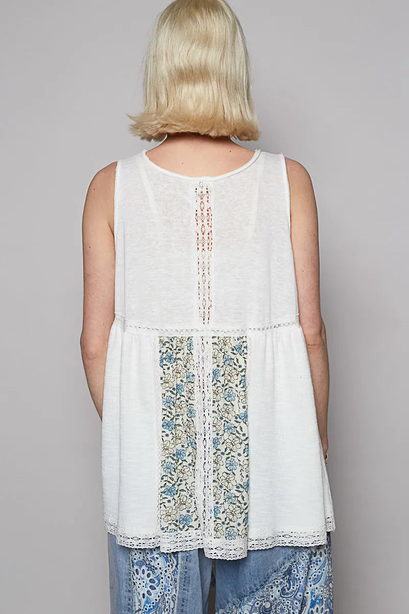 POL V Neck Sleeveless Tank Top with Lace Detail - Fashorio