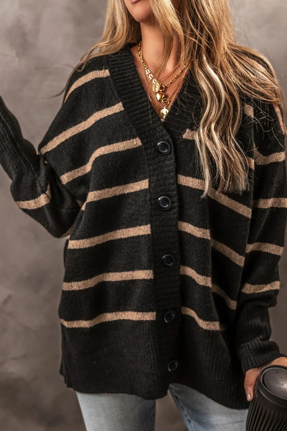 Striped Button Down Long Sleeve Cardigan - Fashorio