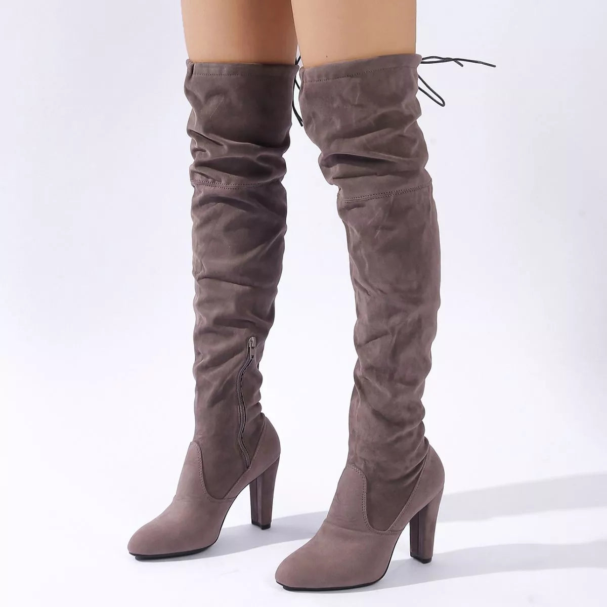 Over the knee high heel suede boots back view