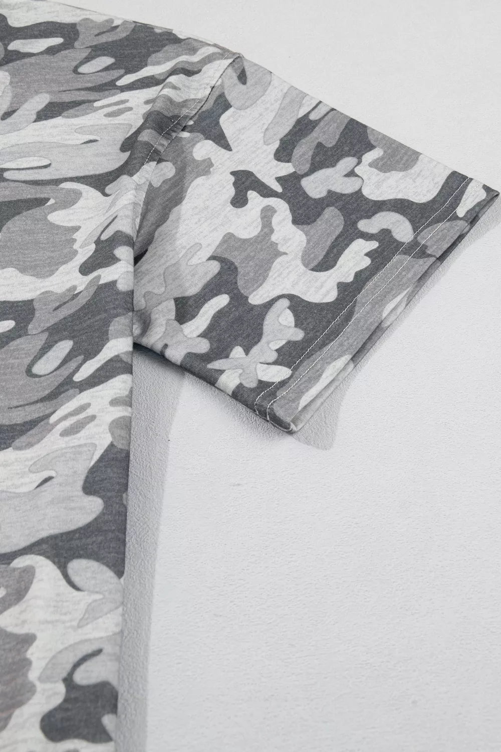 Green camouflage V neck short sleeve tee front view