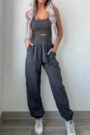 Cutout Square Neck Wide Strap Active Jumpsuit Dark Gray - Fashorio