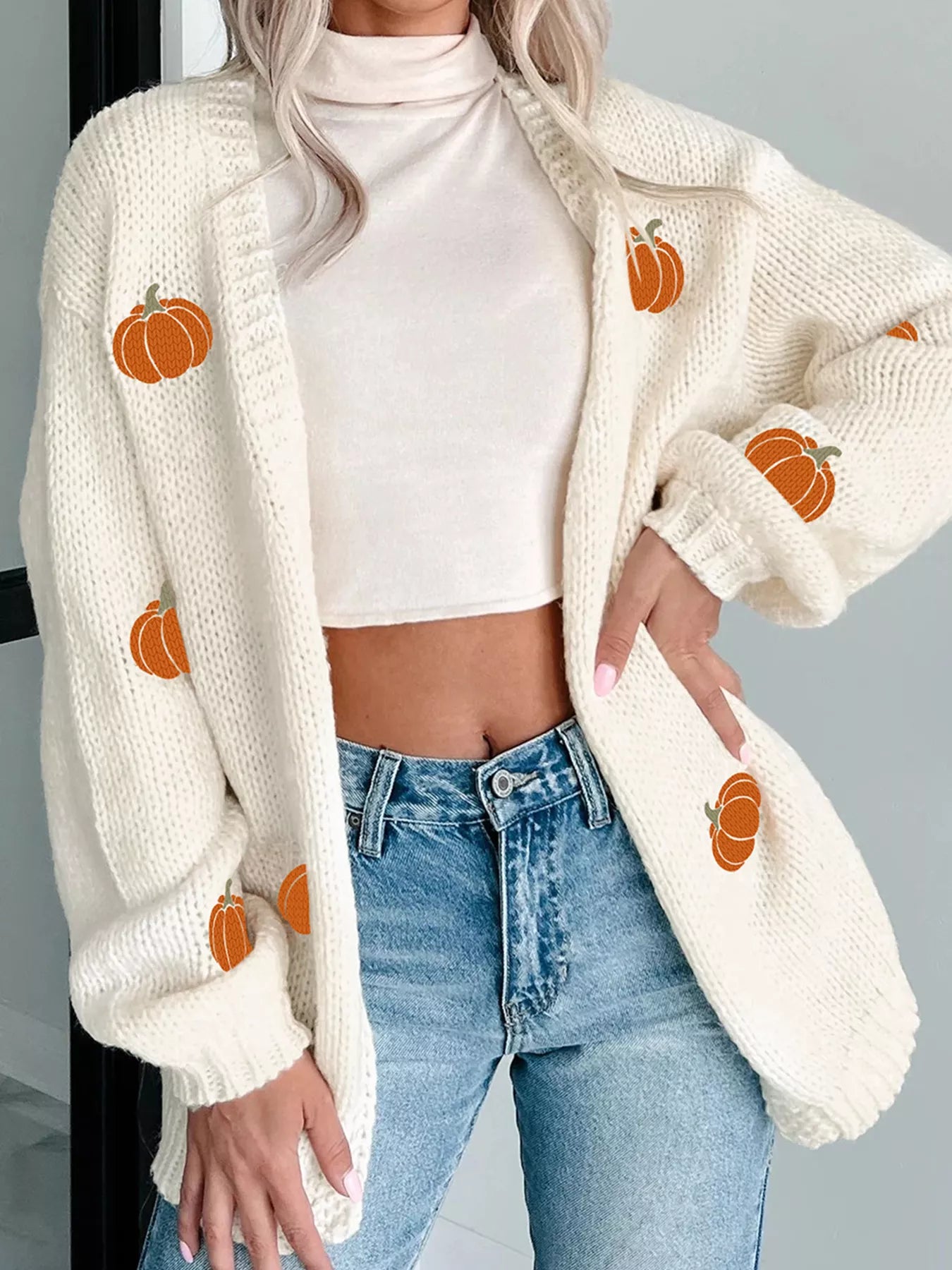 Halloween Pumpkin Embroidered Knit Cardigan White - Fashorio