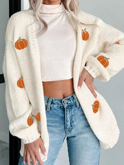 Halloween Pumpkin Embroidered Knit Cardigan White - Fashorio
