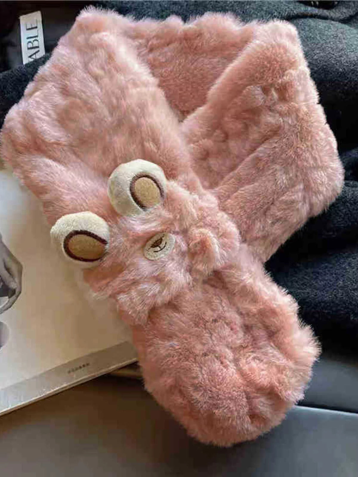 Full view of the cozy animal plush scarf