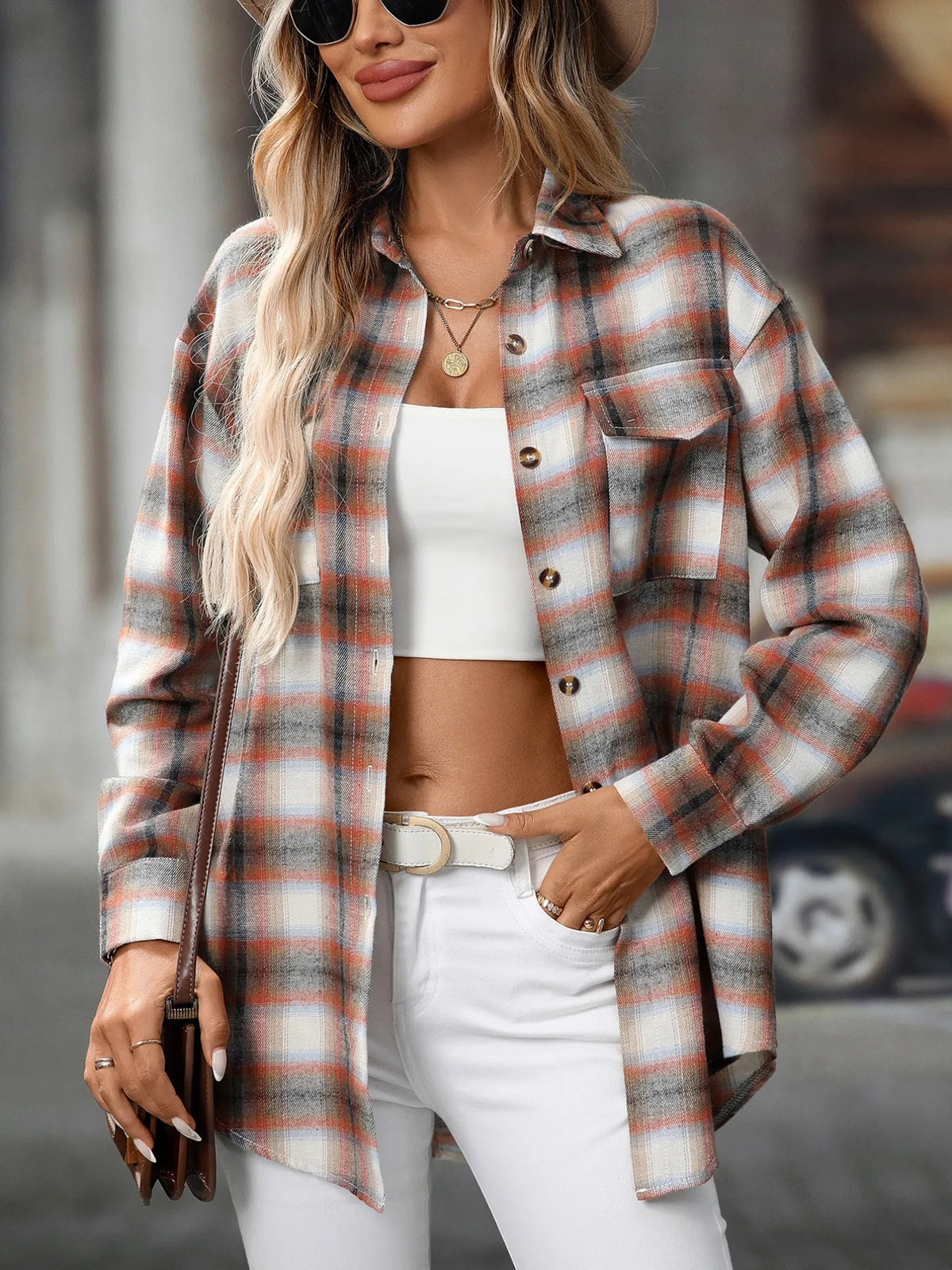 front view of oversized plaid button up shirt