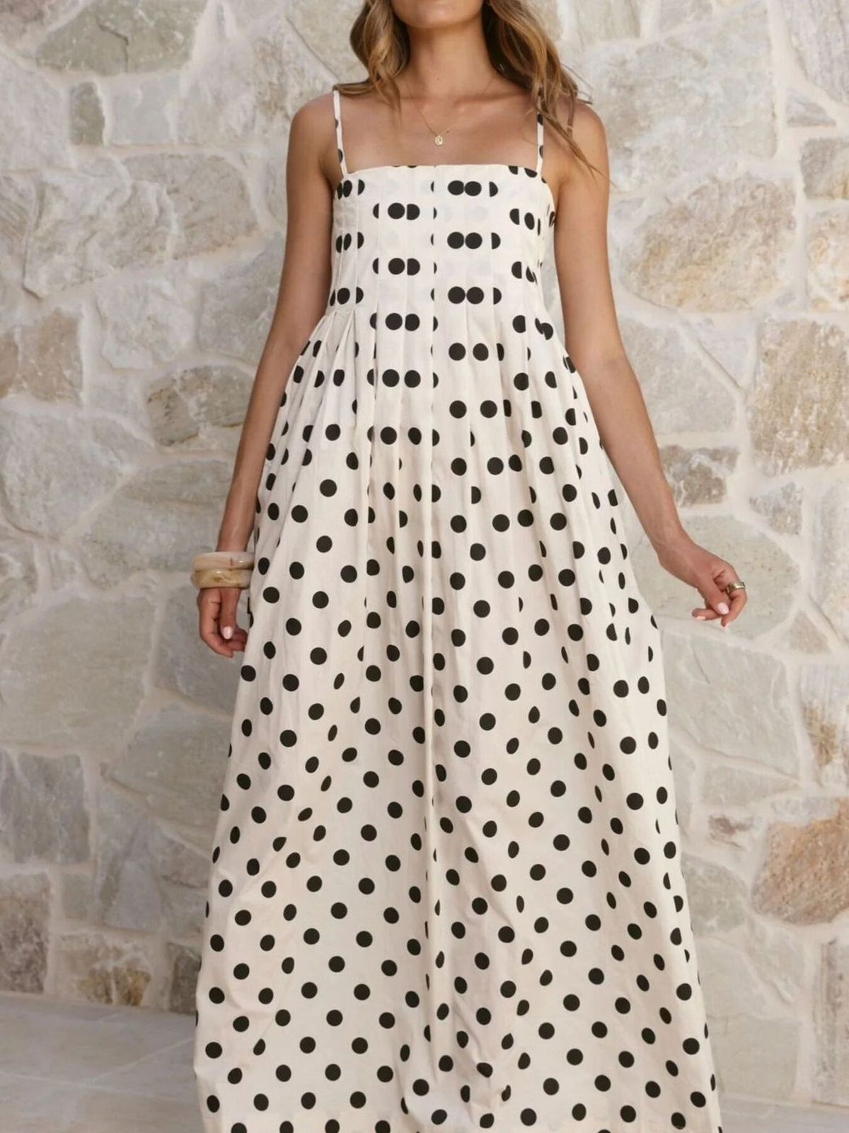 Polka dot smocked pleated maxi dress neckline detail