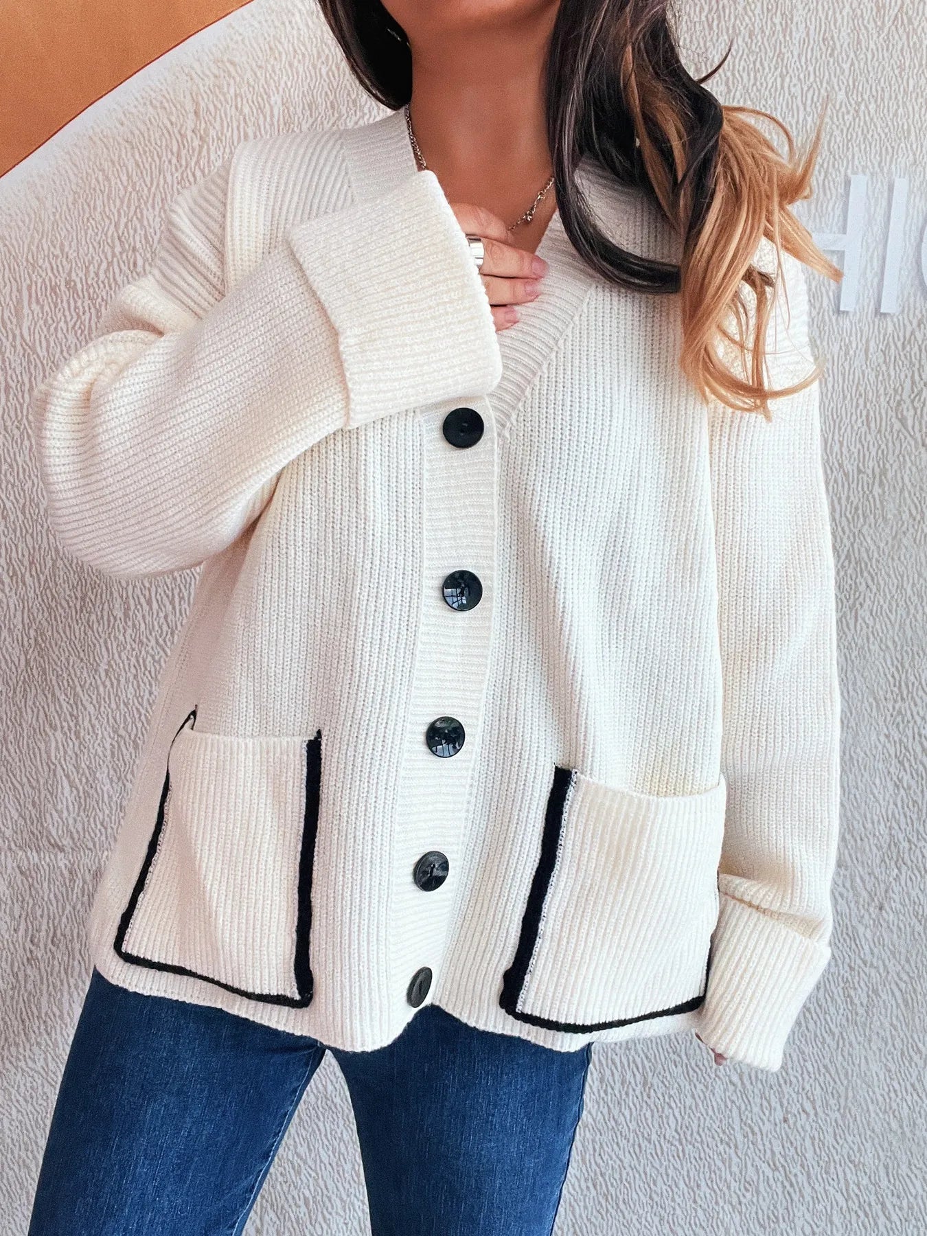 Button-Front Ribbed Cardigan with V-Neck - Fashorio