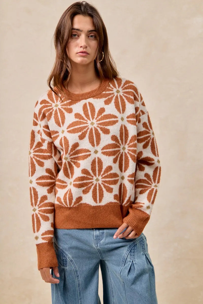 Floral Pattern Long Sleeve Sweater in Rust and Ivory back view