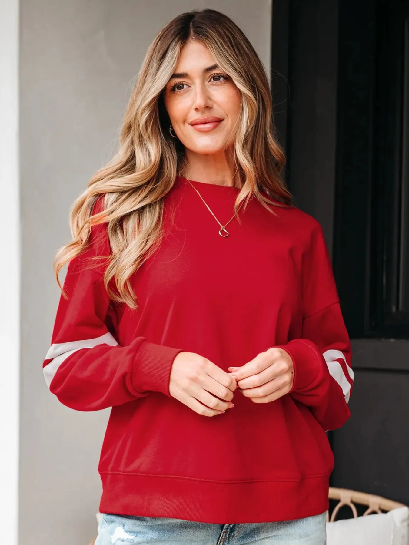 Stripe Round Neck Long Sleeve Sweatshirt - Fashorio