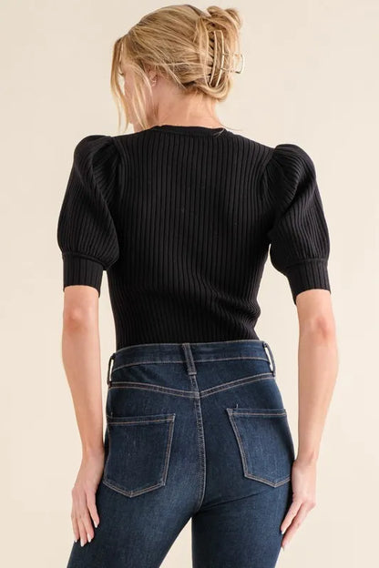 And The Why Puffed Half Sleeve Rib Basic Bodysuit - Fashorio