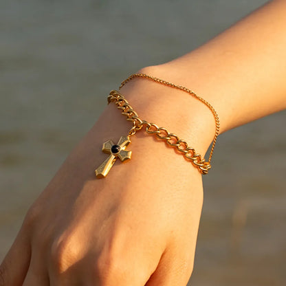 Stainless Steel Imitation Gemstone Cross Shape Pendant Bracelet - Fashorio