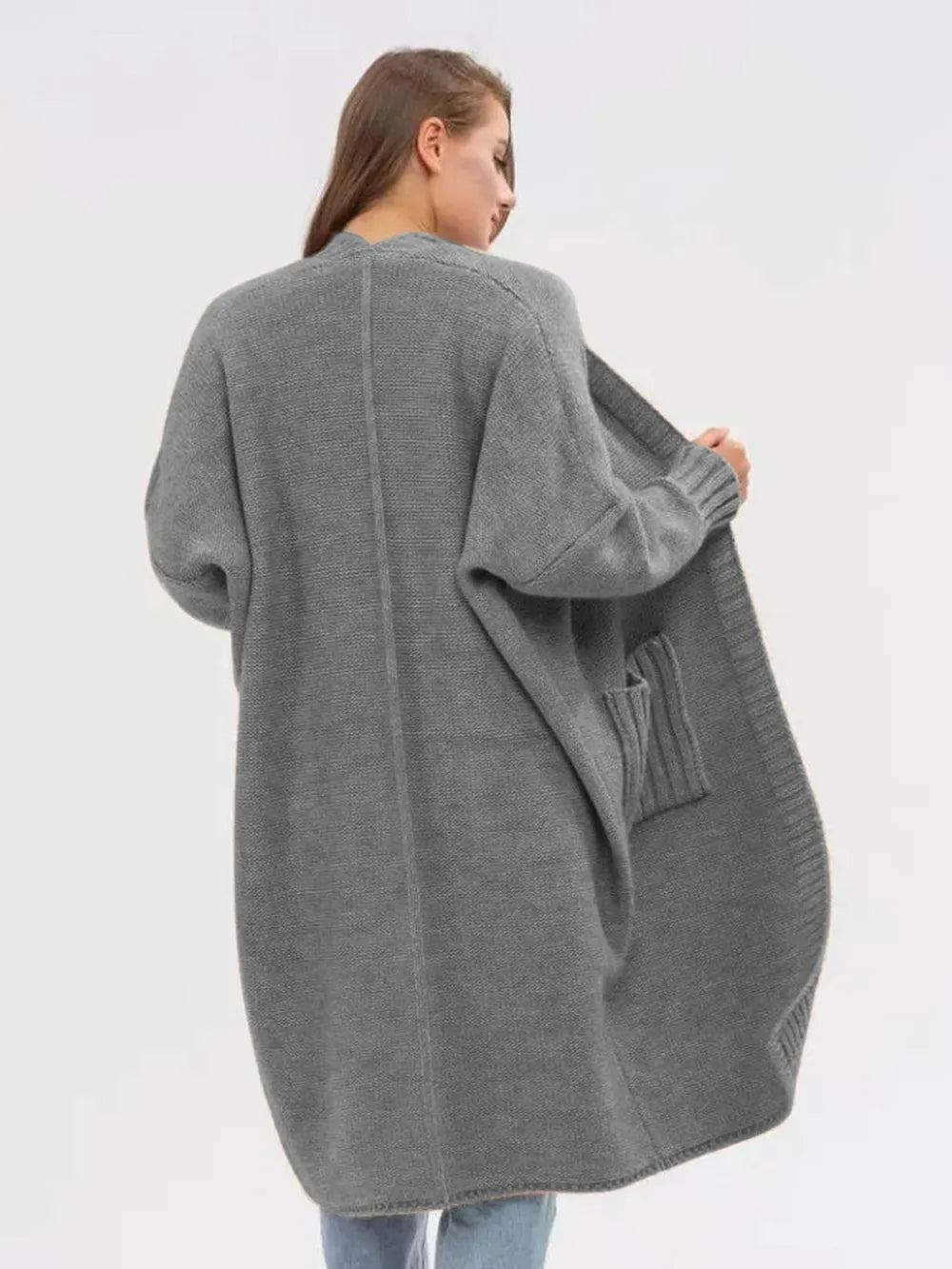 Pocketed Open Front Long Sleeve Longline Cardigan - Fashorio