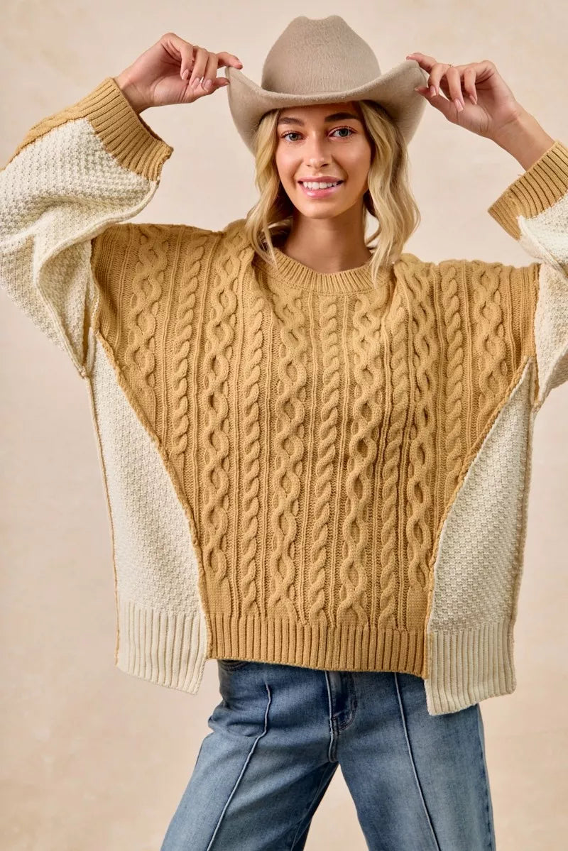 Cable Knit Uneven Hem Sweater in Mustard and Ivory styled look