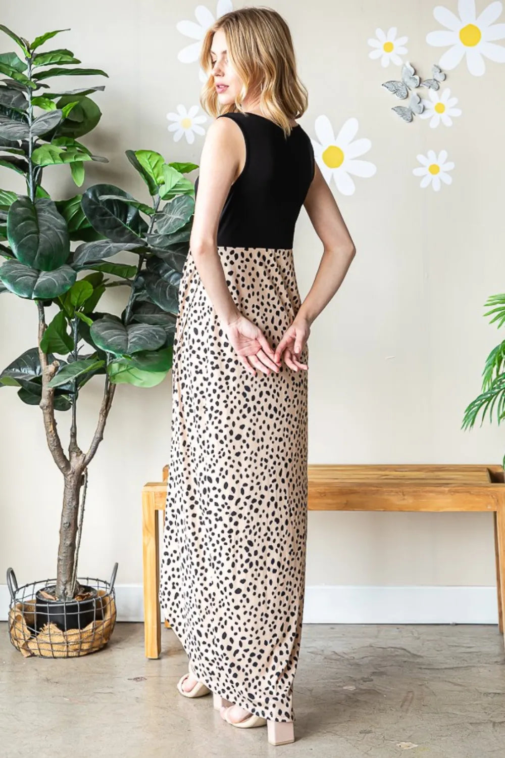 khaki and black animal print v neck slit maxi dress fabric detail