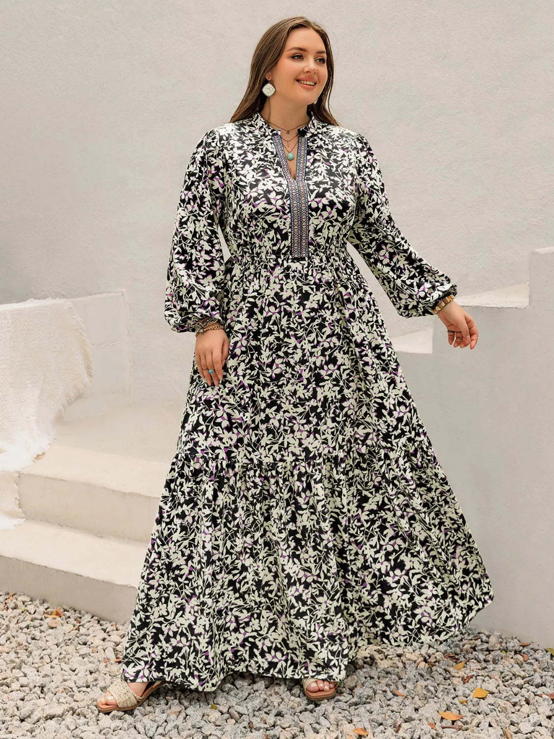 Plus Size Floral Long Sleeve Tiered Maxi Dress, back view