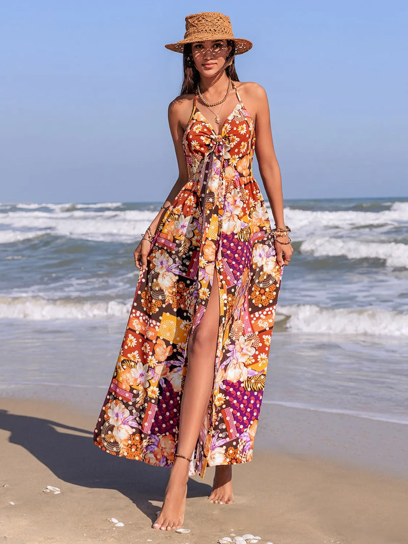 Slit printed halter neck cami dress front view multicolor