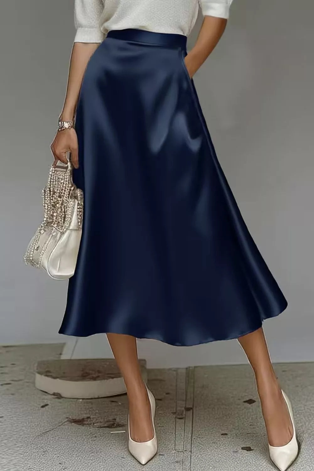 Satin A line midi skirt close up detail