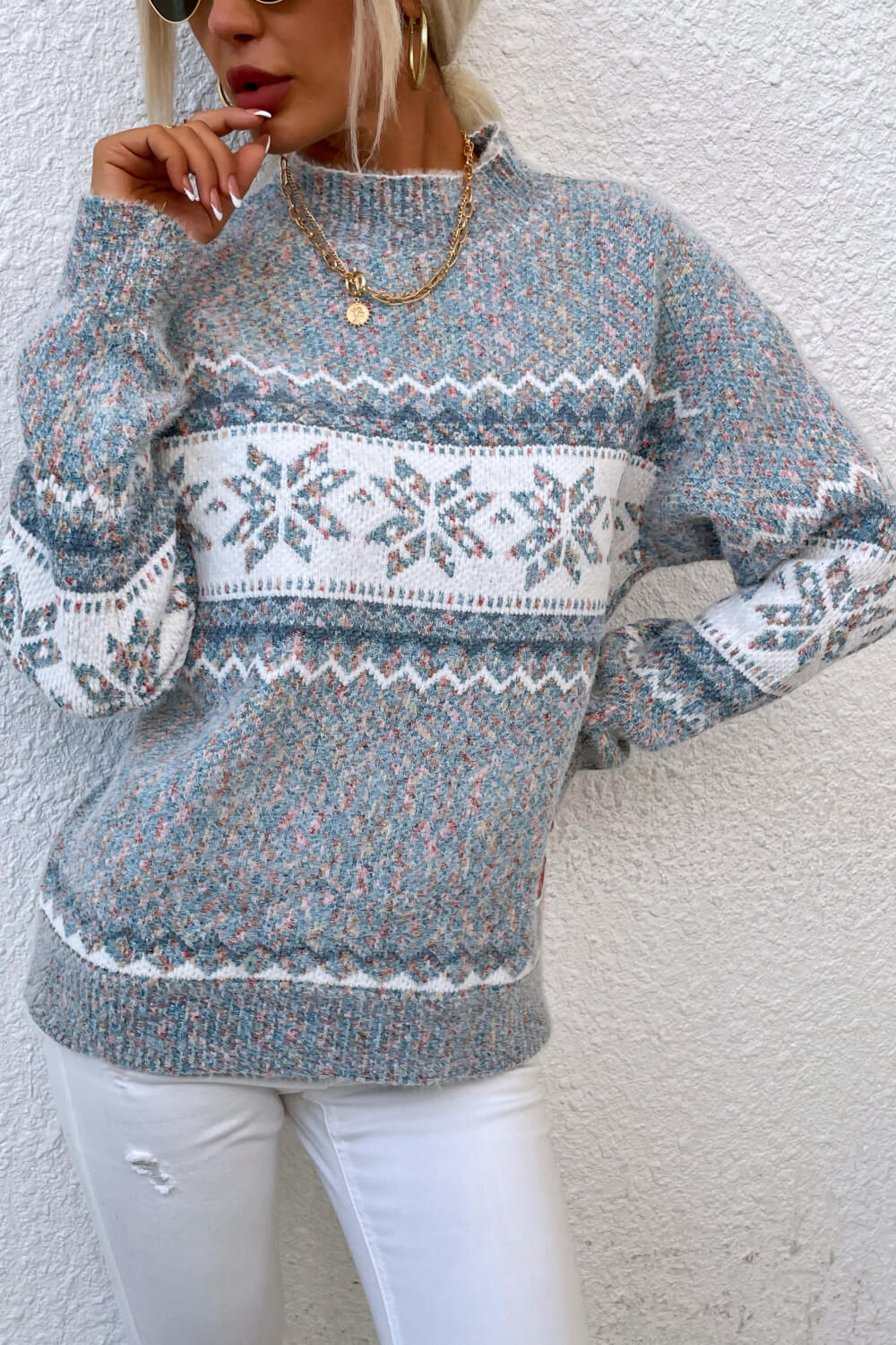 Snowflake Pattern Mock Neck Sweater - Fashorio