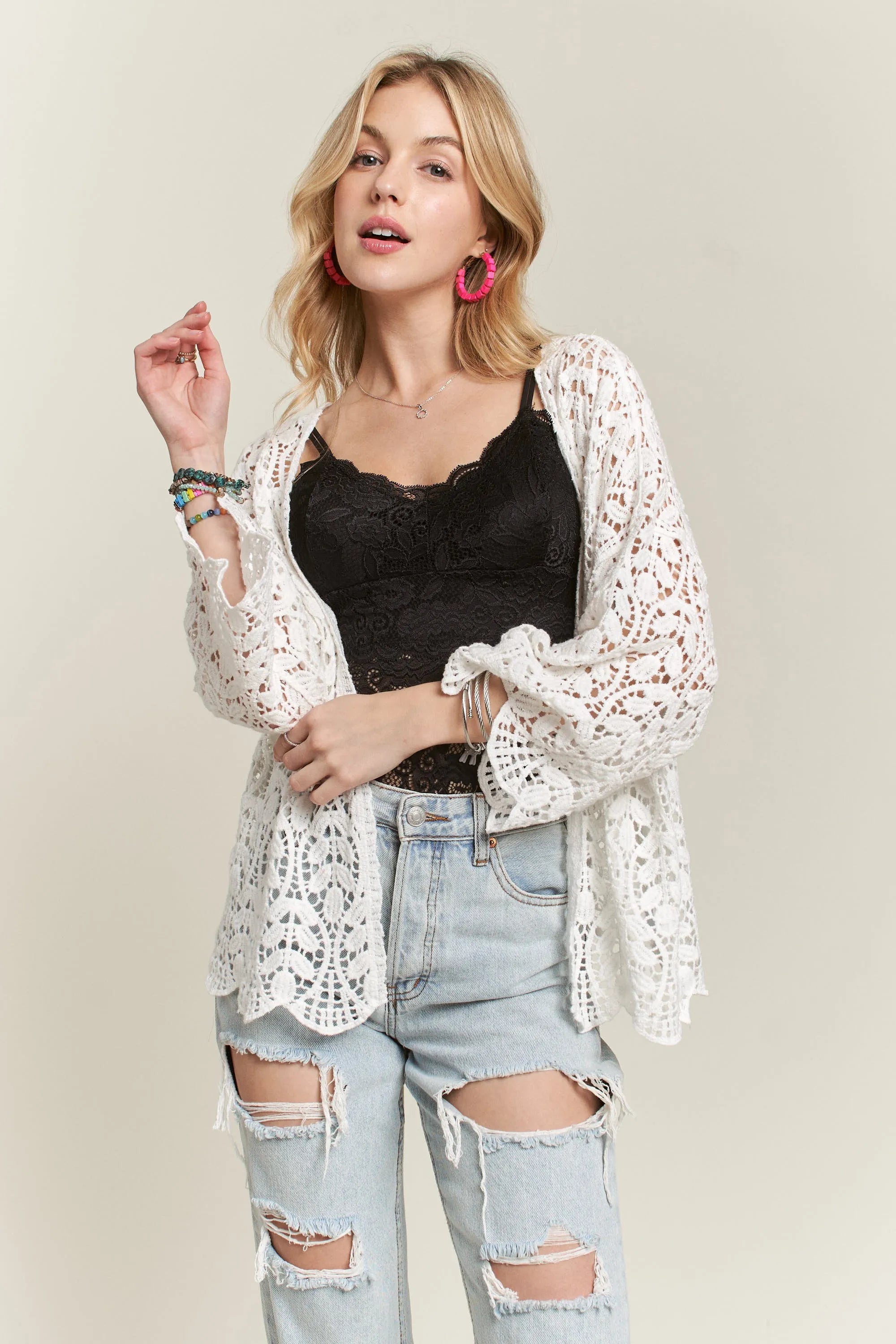 ADORA Leaf Pattern Crochet Cardigan WHITE - Fashorio