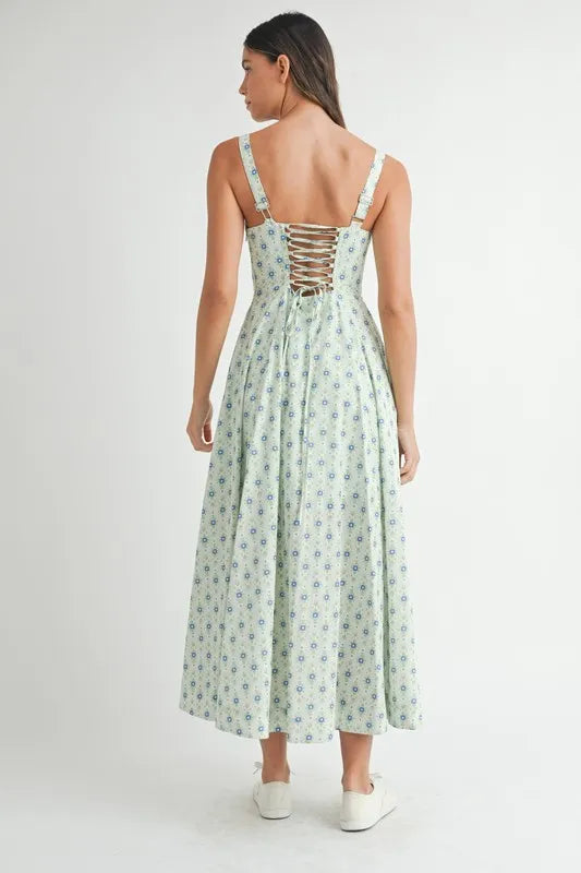 Floral Print Bustier Back Lace Up Midi Dress back view