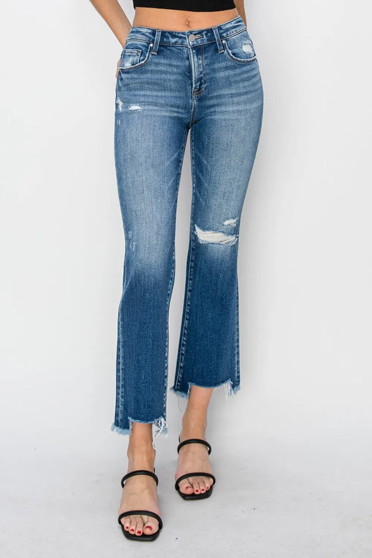 RISEN Full Size Frayed Step Hem Ankle Straight Jeans Dark - Fashorio