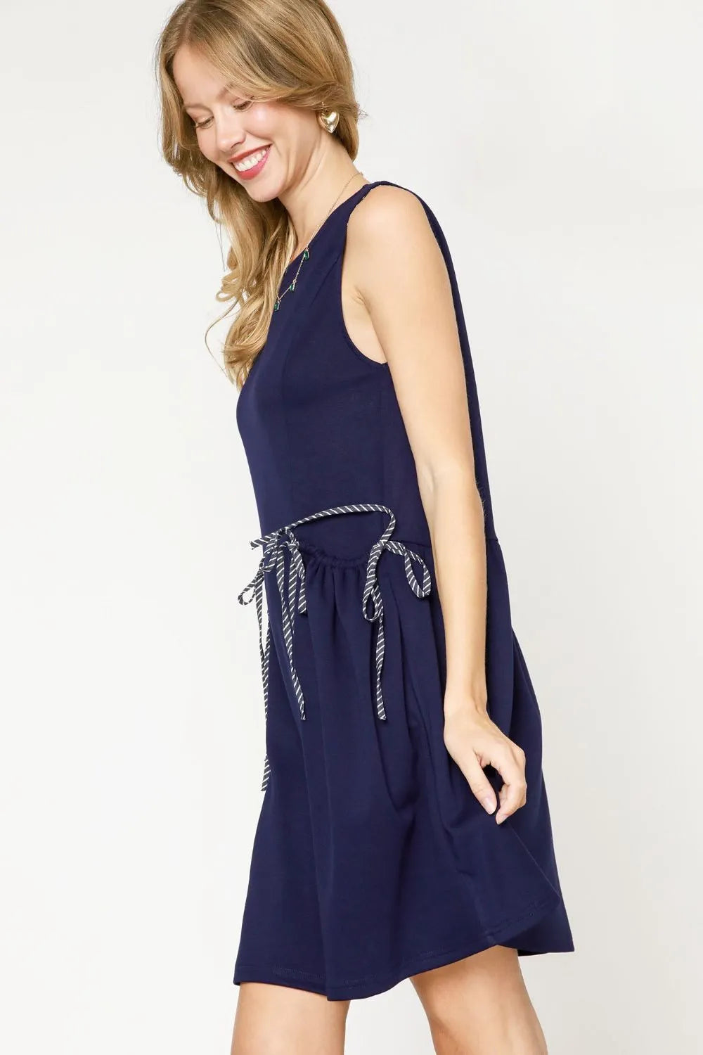 Sleeveless Tank Dress with Pockets in Navy back view