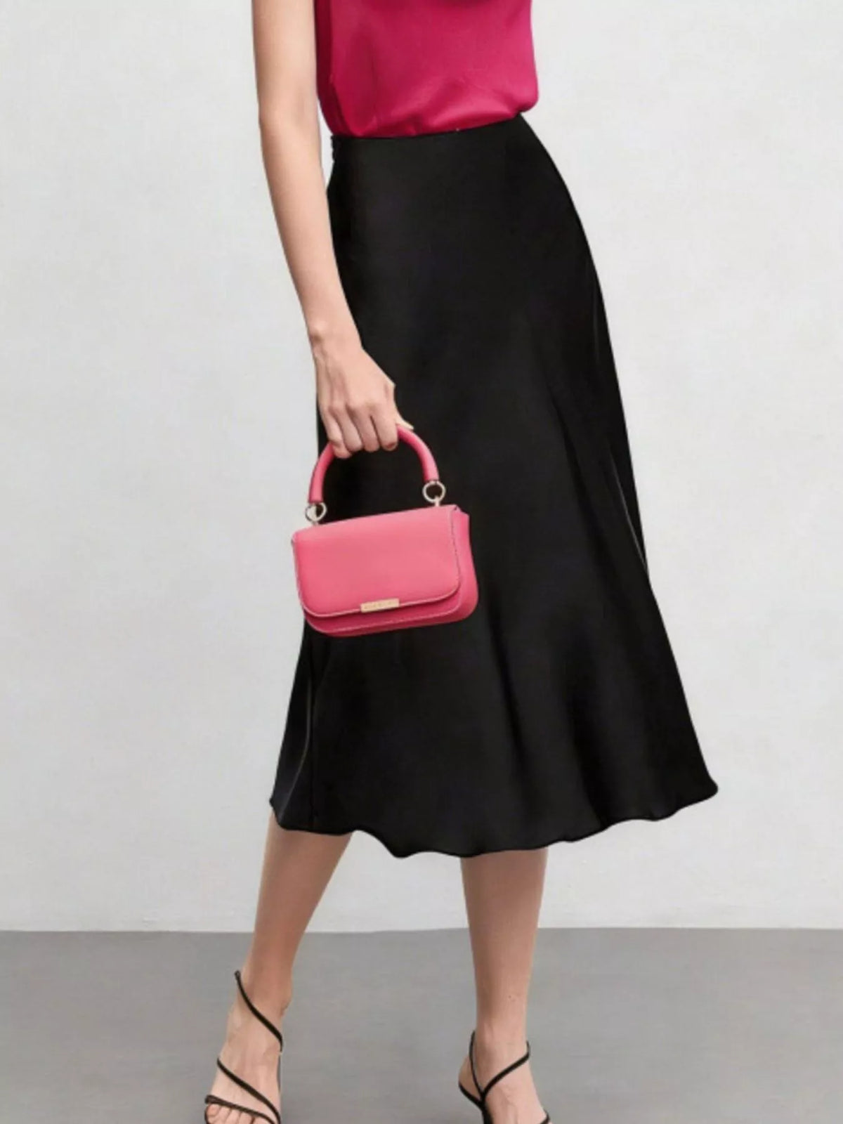Black high waist midi skirt, side view