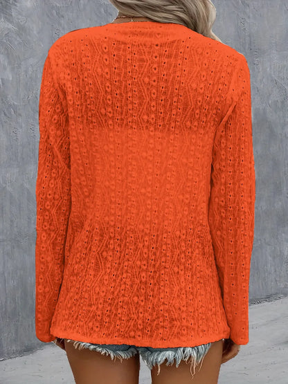 Eyelet Roll-Tab Sleeve Cardigan - Fashorio