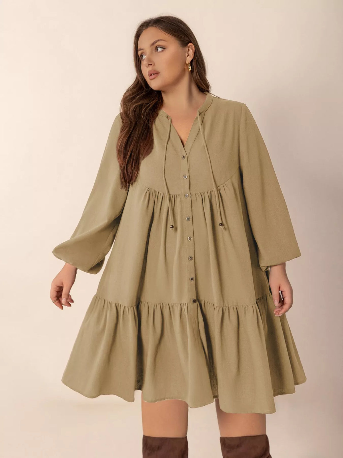 Tie neck balloon sleeve dress full length