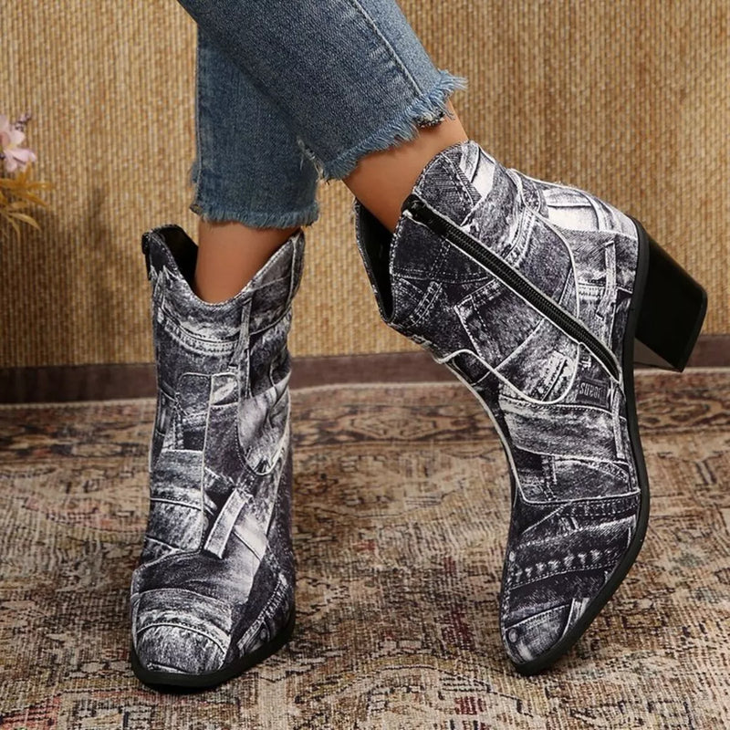 Black point toe block heel ankle boots side profile