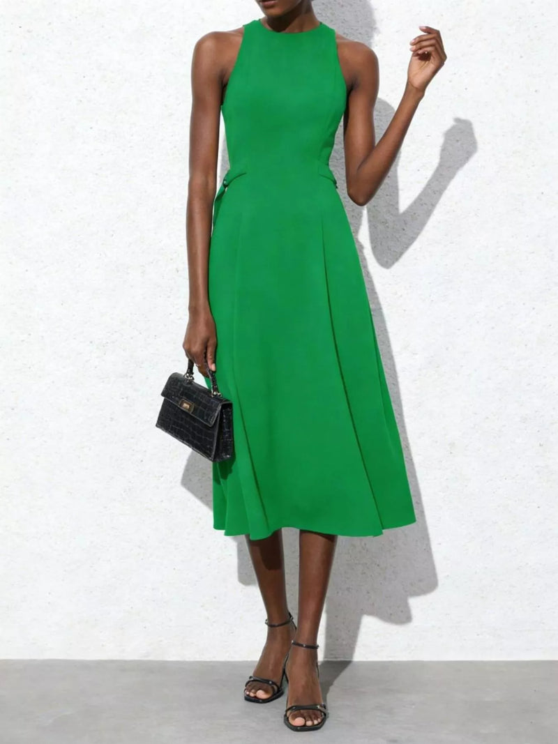 Green sleeveless tie waist midi dress front view