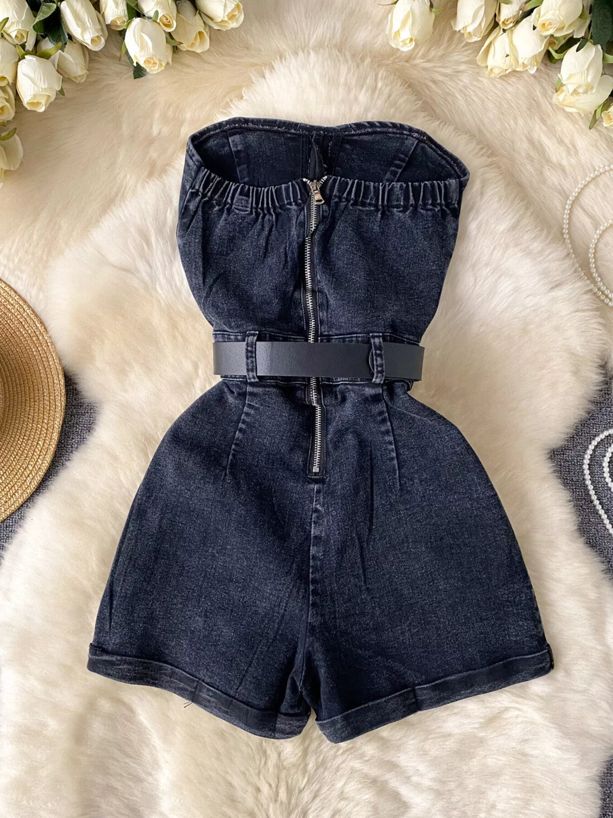 Blue strapless denim romper with diamante detail front view