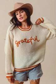 SO ME Thanksgiving Grateful Lettering Stitch Sweater CREAM - Fashorio