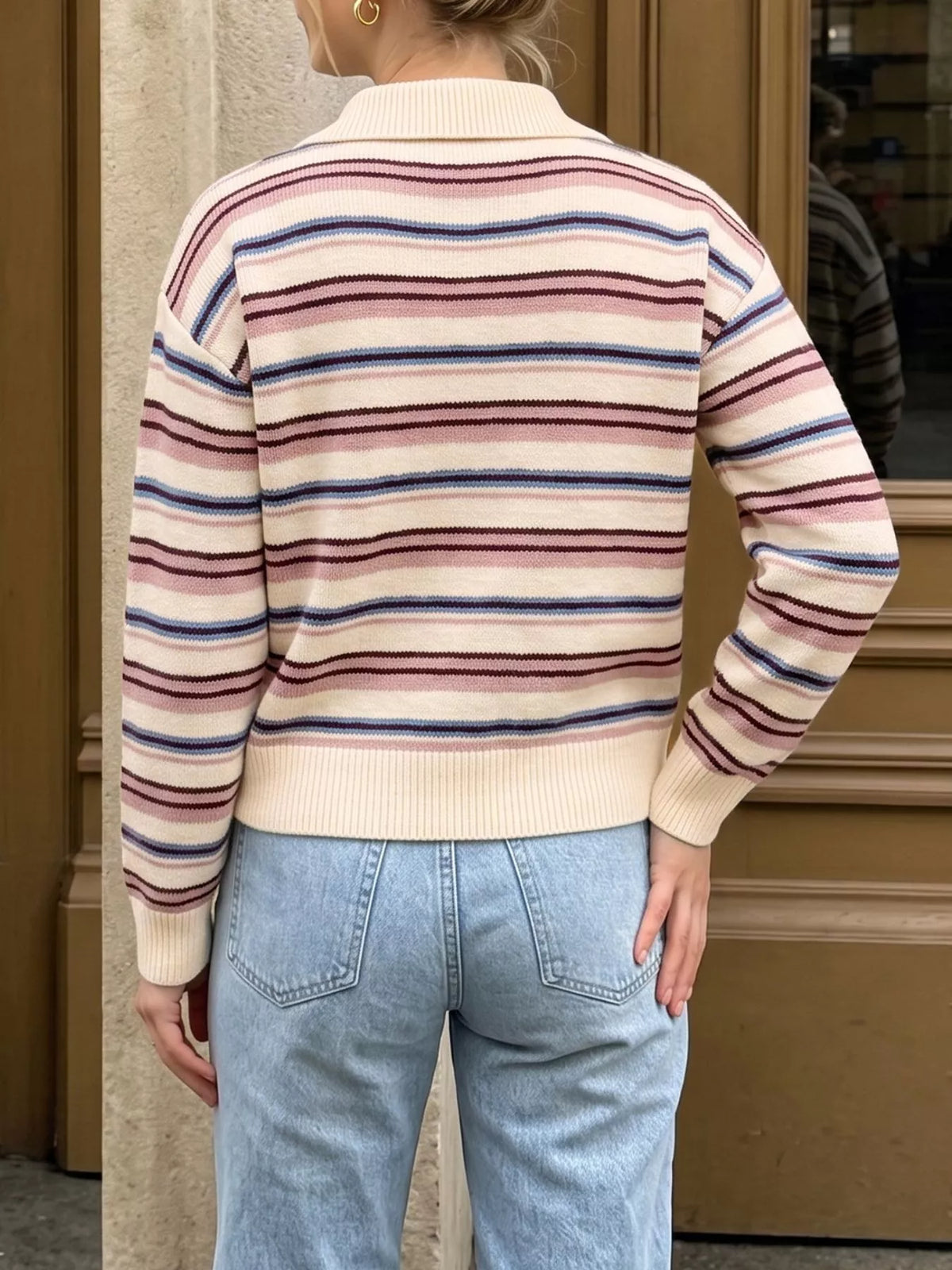 Striped Polo Collar Sweater in Pink on model