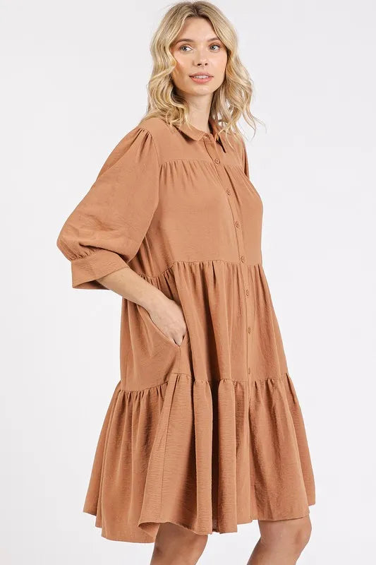 Button Detail Collared Neck Tiered Shirt Dress back view