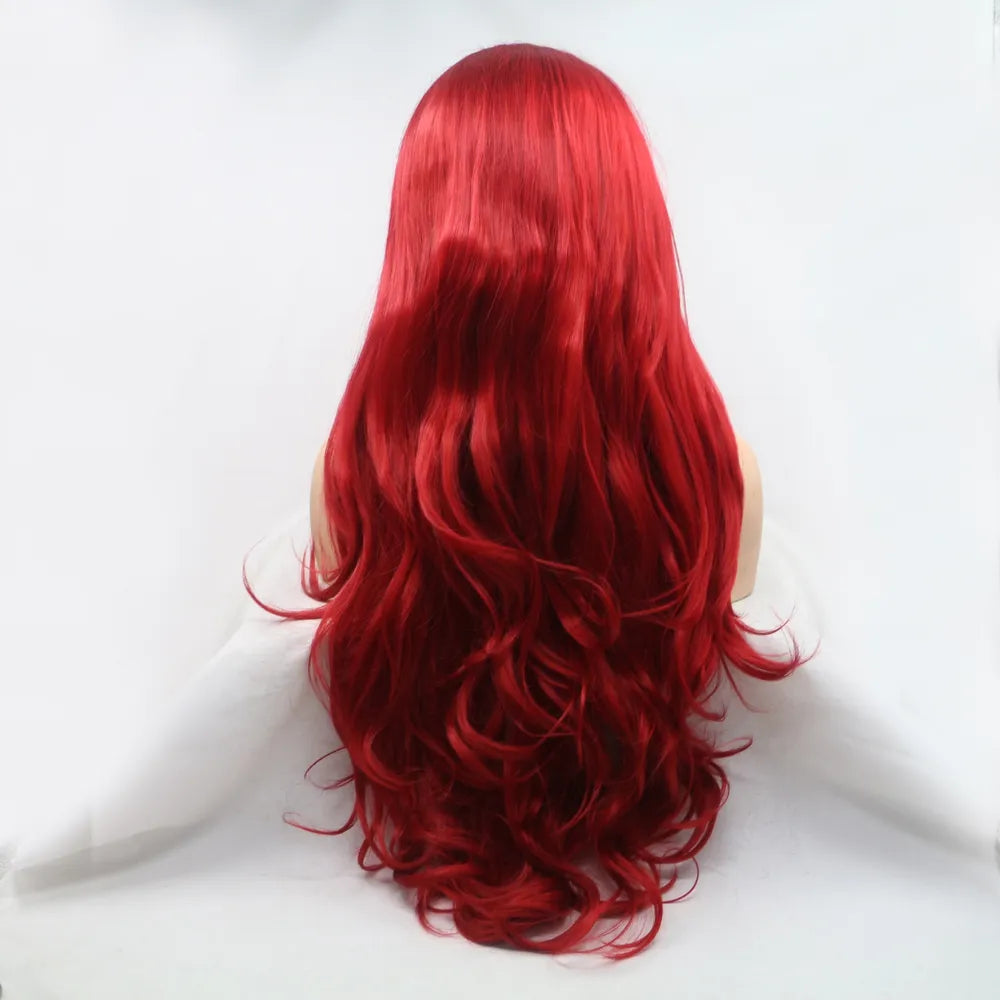 Long wavy synthetic wig side view