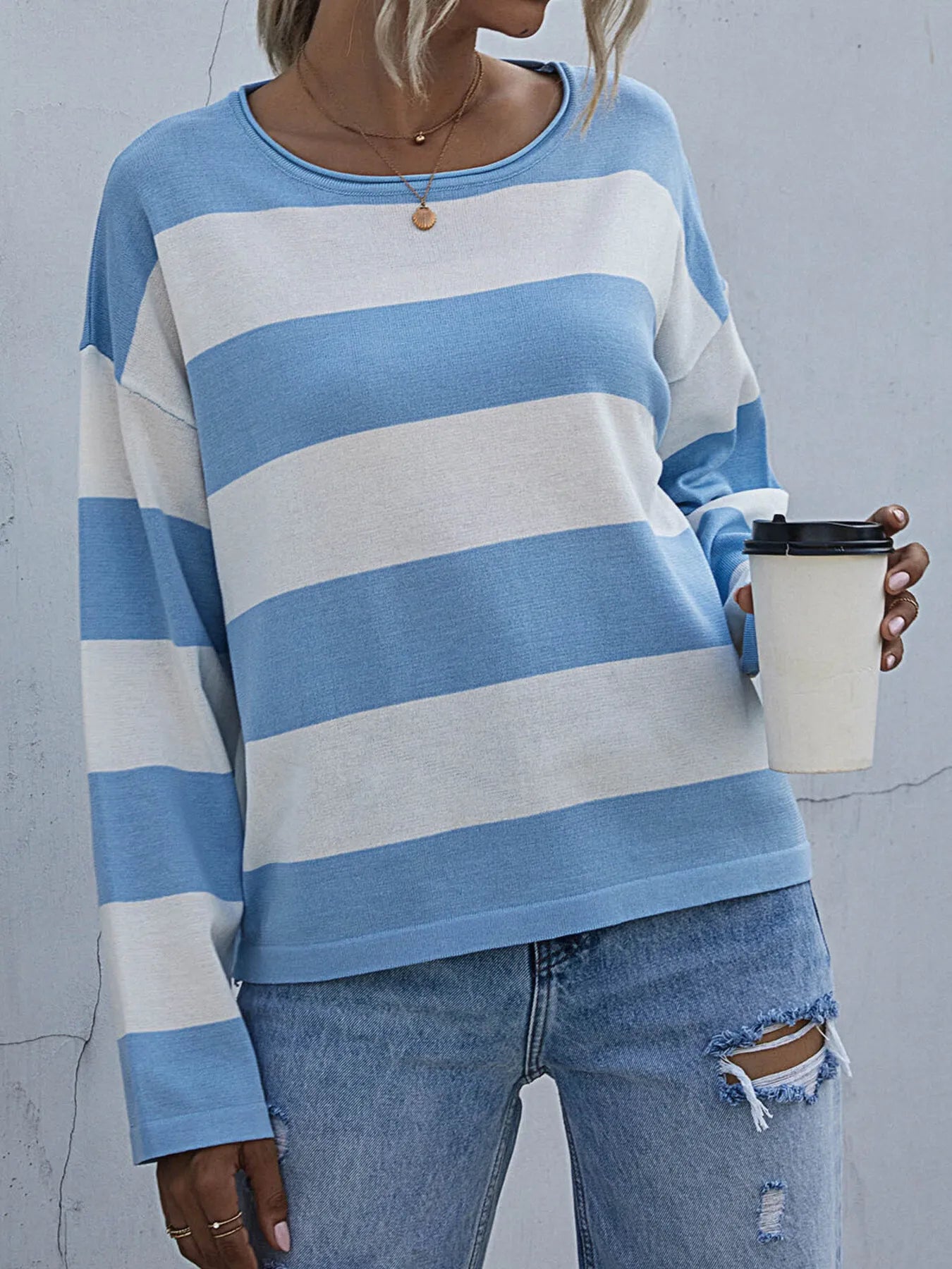 Striped Casual Long Sleeve Knit Top - Fashorio
