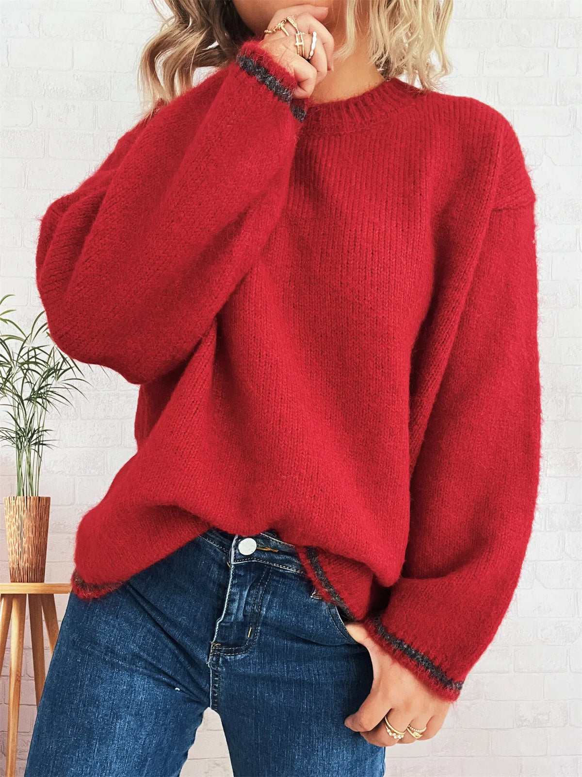 Contrast trim round neck oversized sweater round neck view