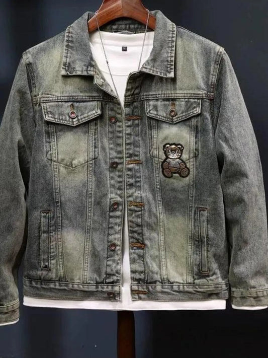 Men's Plus Size Washed Denim Jacket with Embroidered Patch Light Blue - Fashorio