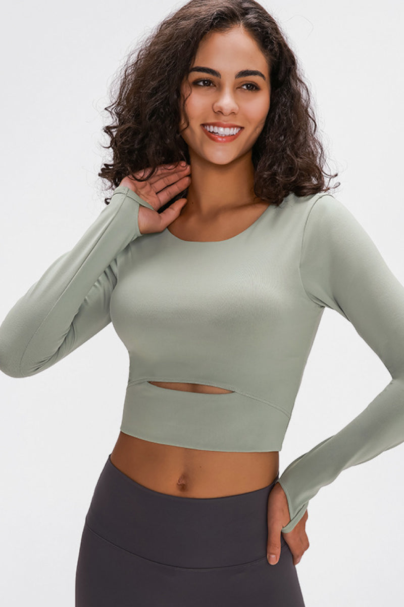 Millennia Long Sleeve Cropped Top With Sports Strap Green - Fashorio