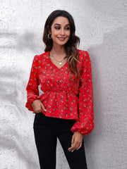 Floral V-Neck Balloon Sleeve Peplum Blouse Deep Red - Fashorio