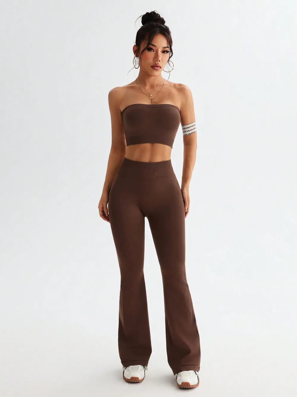 Tube Top and High Waist Flare Pants Active Set - Fashorio