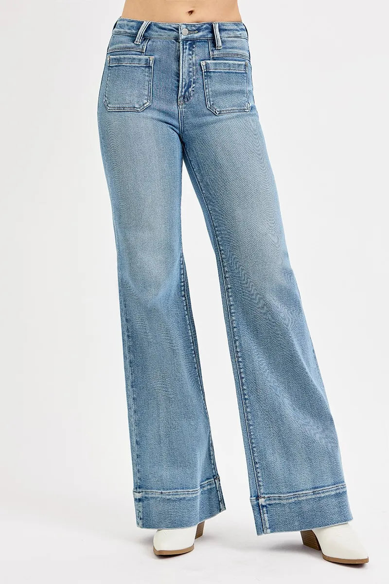 RISEN high rise flare patch pocket jeans front view