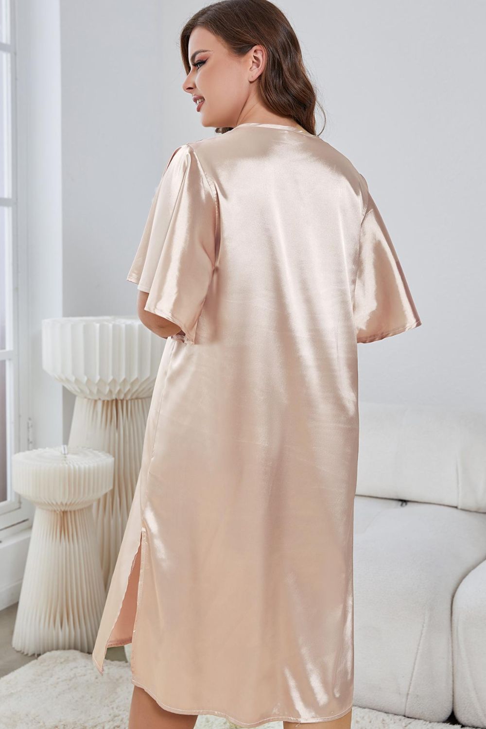 Plus Size Flutter Sleeve V-Neck Side Slit Night Gown - Fashorio