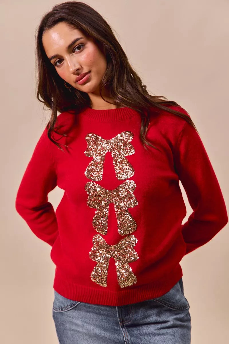 Sequin Bow Ribbon Christmas Sweater in Red and Gold
